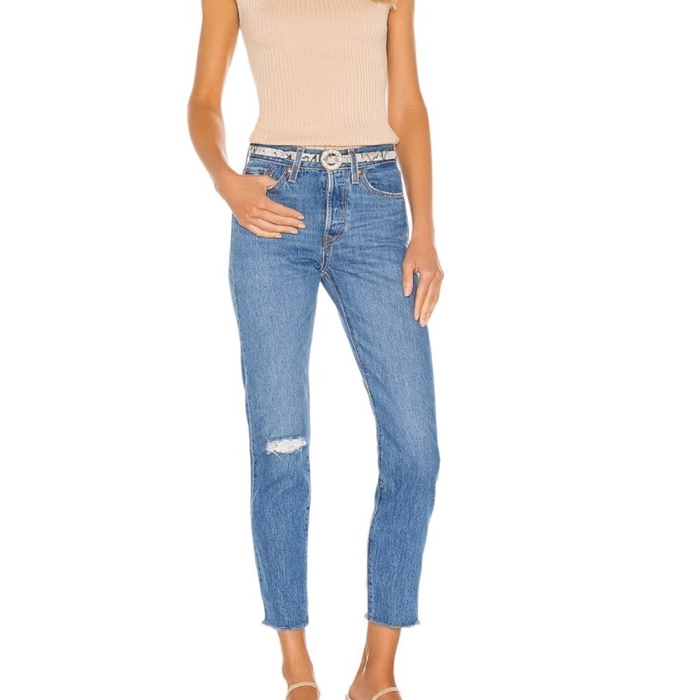 LEVI'S Wedgie Icon High Rise Denim Cropped Frayed Hem Jeans Athens Hera Blue 27